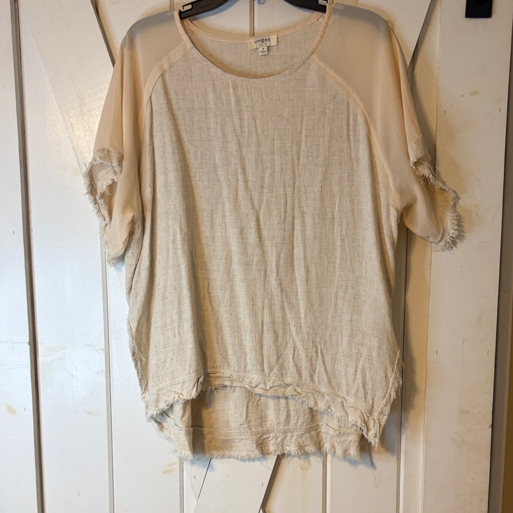 Umgee Cream Short Sleeve Top with Frayed Edges